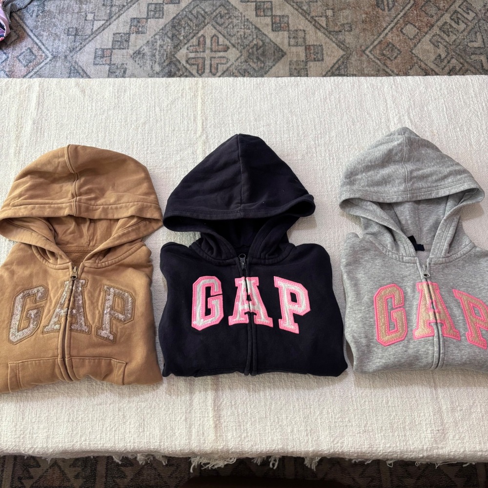 Gap Kids Girls Logo Zip Up Hoodie Bundle Set of 3 Tan Navy Gray Sequin Small 6-7